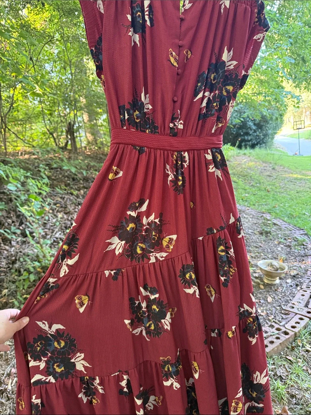 Free People Women’s Floral Tiered Maxi Dress in Deep Red
